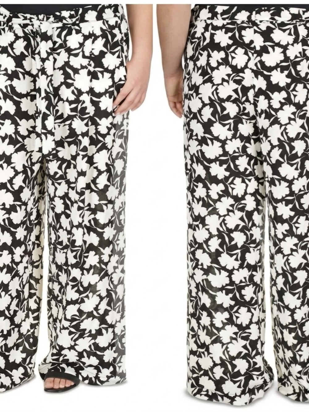 Michael Kors Plus 22W Wide Leg Pants Floral Tie Belt Black White Lagenlook Work
